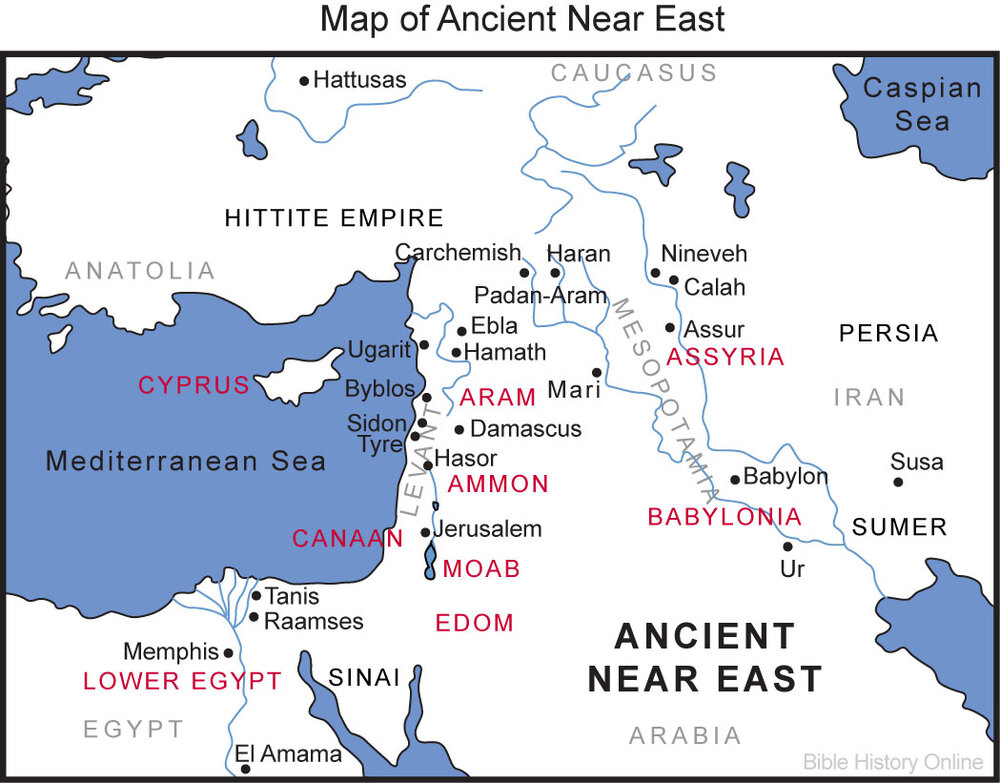 Map of Ancient Near East with several cities among the Mediterranean sea and Caspian sea