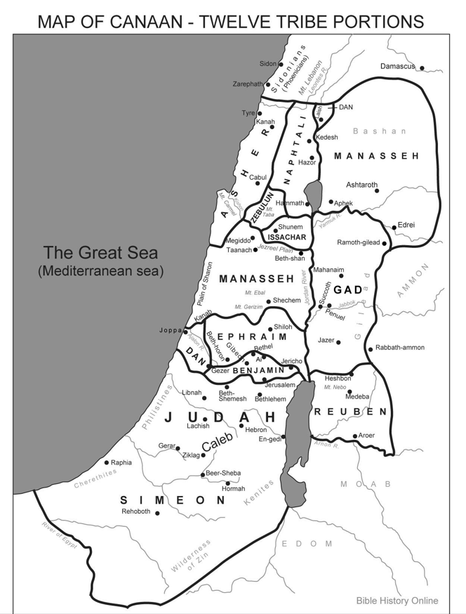 Map of Canaan representing the twelve tribes from biblical times. 