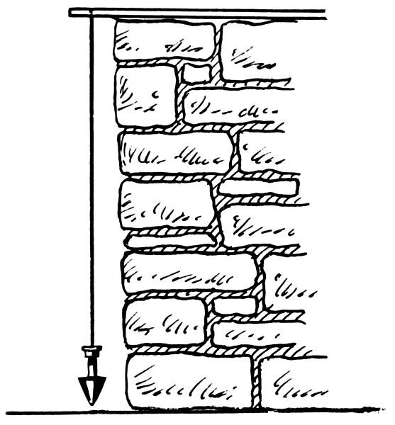 A drawing of a line pointing down next to a brick wall. 