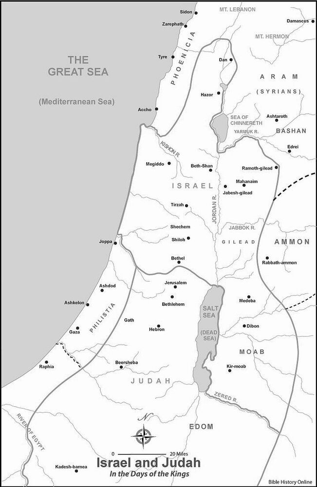 A map of Judah and Israel from biblical times. 